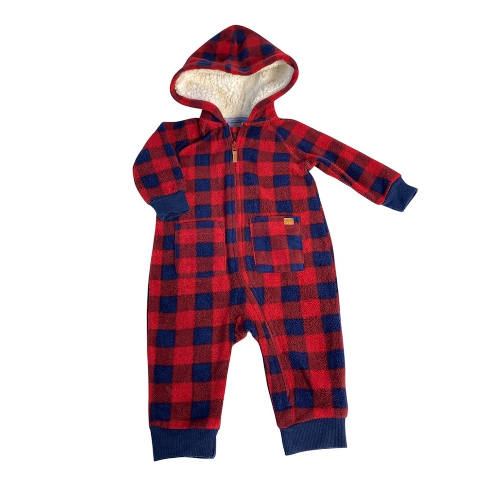 7 For All Mankind‎ Baby 3/6 Month Red Navy Plaid Hooded Soft Fleece Zip Jumpsuit